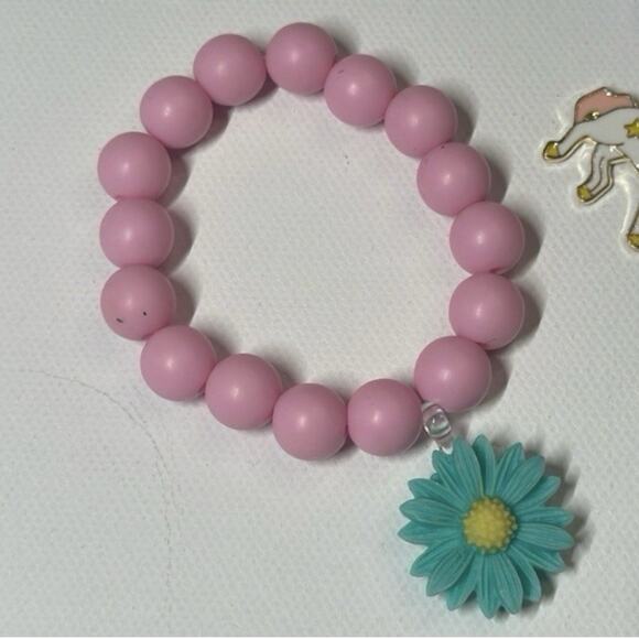 Lot of 3 Girls Stretchy Beaded Charm Bracelets Unicorn Rainbow Flower NWOT - Picture 5 of 6